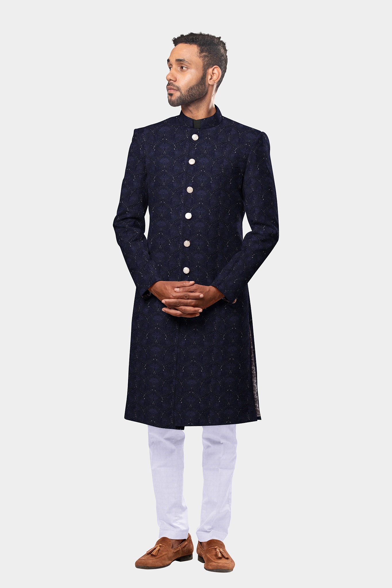 Onyx Regalia with Bold Royal Blue Stitching and Silver Accents Sherwani 127JK